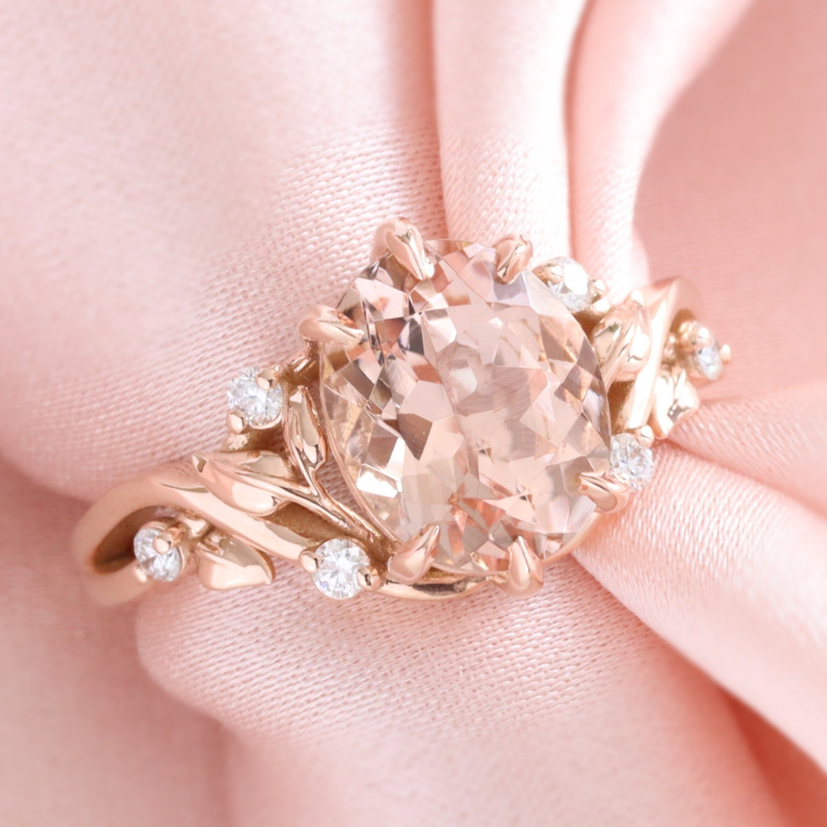 Oval morganite ring rose gold floral leaf diamond morganite solitaire ring la more design jewelry