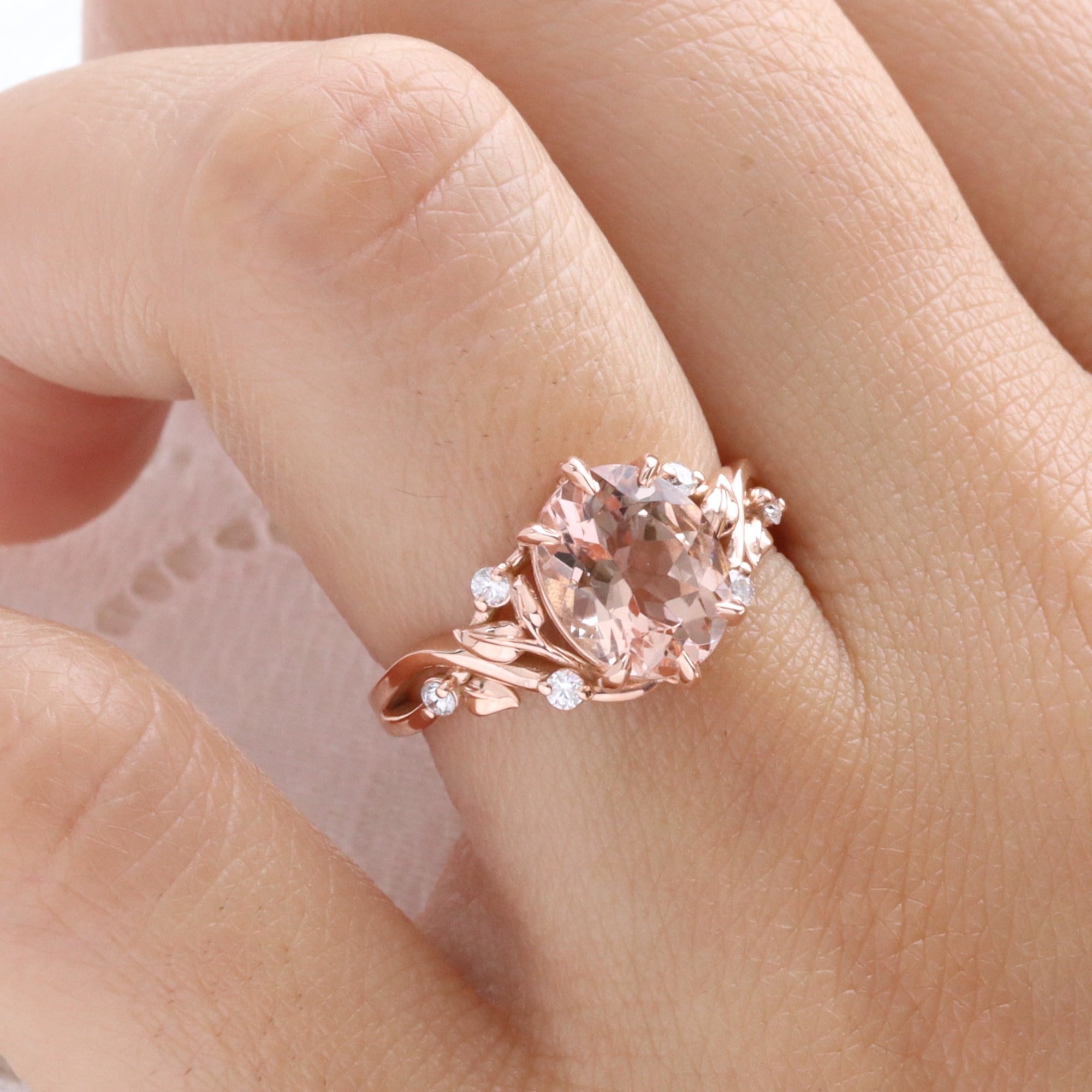 Large Oval Morganite Diamond Ring 14 Rose Gold Floral Solitaire