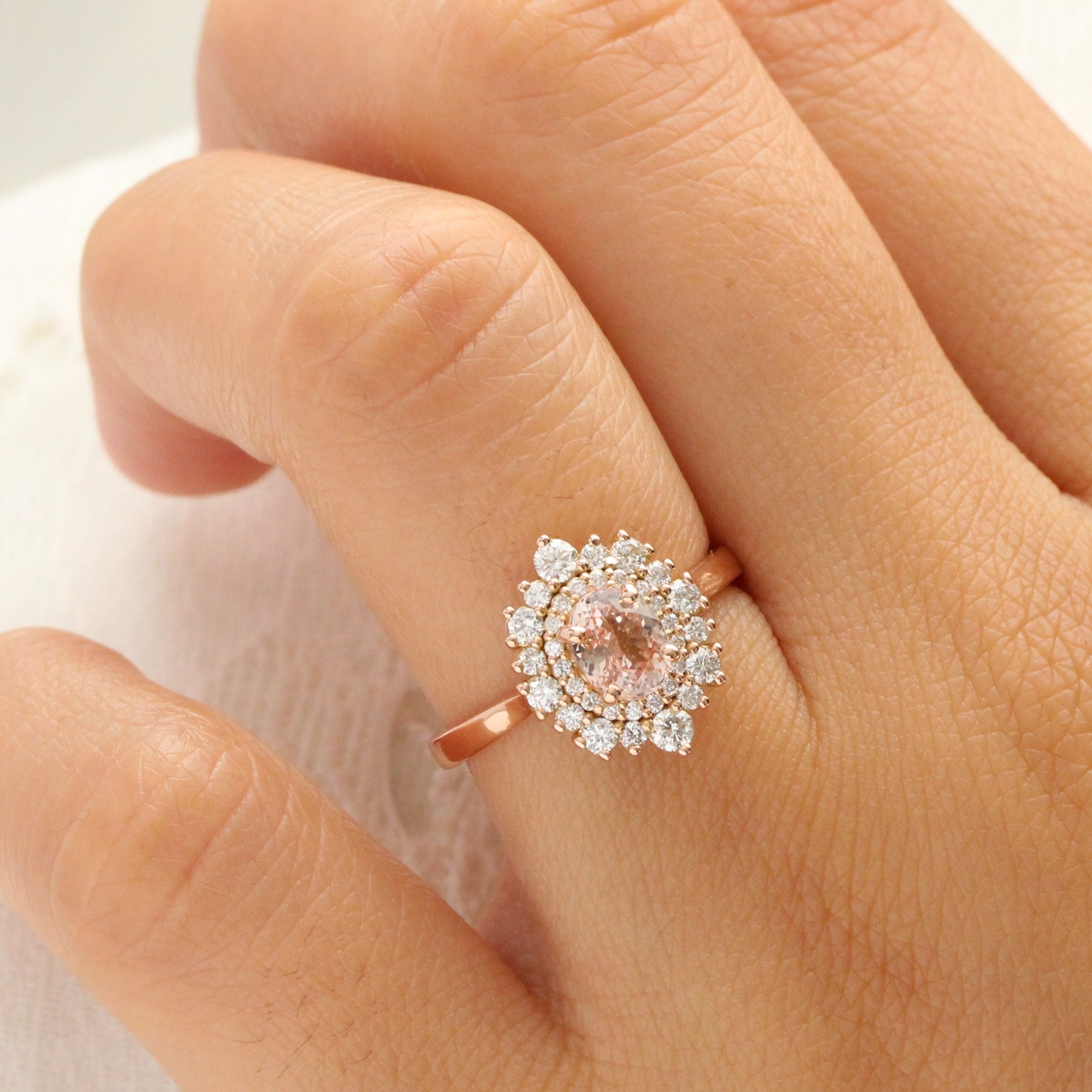 Oval Pink Peach Sapphire Ring Rose Gold Double Halo Diamond Ring