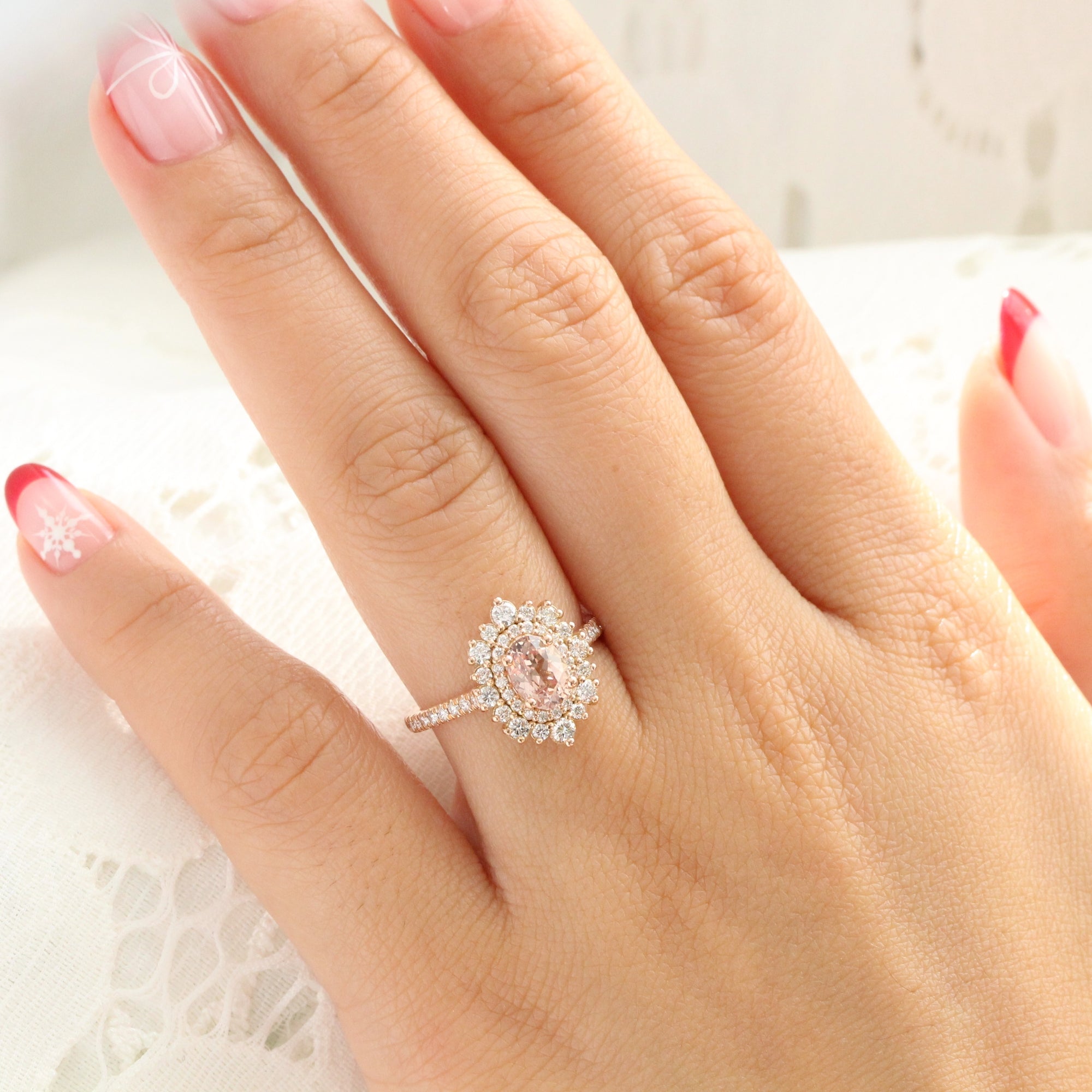 Oval Peach Sapphire Pave Ring Rose Gold Double Halo Diamond Ring