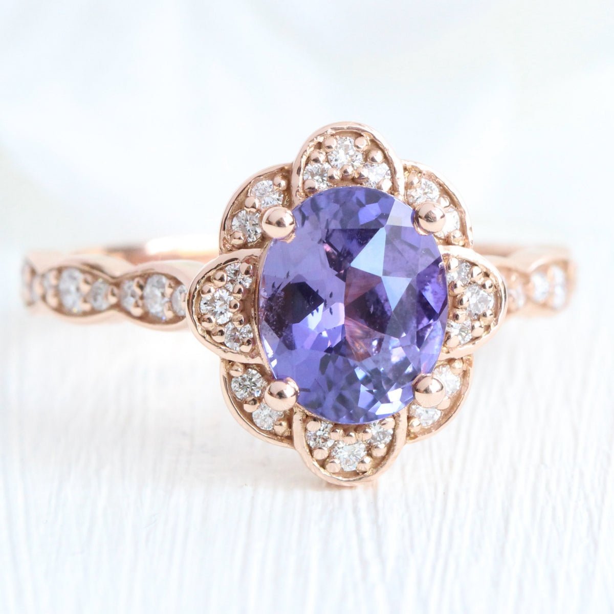 Oval purple sapphire diamond ring rose gold vintage floral sapphire ring la more design jewelry