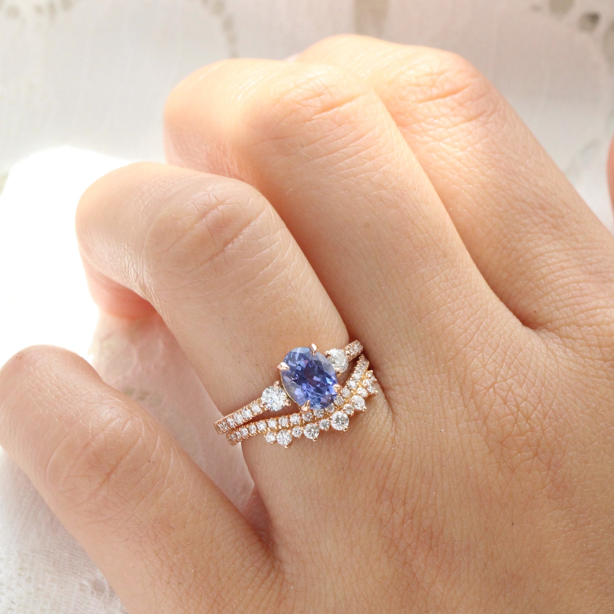 Oval purple sapphire ring rose gold 3 stone diamond ring la more design jewelry