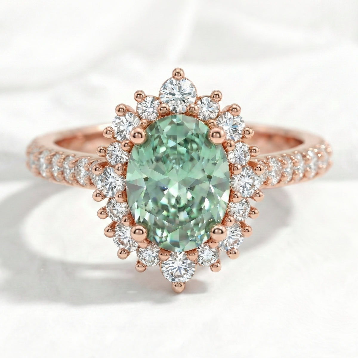 Oval seafoam green sapphire engagement ring rose gold halo diamond sapphire ring la more design jewelry