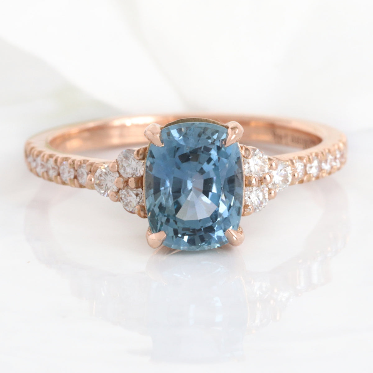 Elongated cushion blue sapphire engagement ring rose gold blue sapphire diamond 3 stone ring la more design jewelry