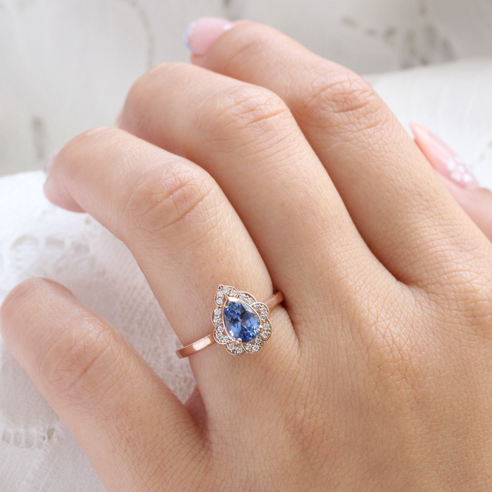 Vintage Ceylon Blue Sapphire Diamond Ring Rose Gold Pear Shape