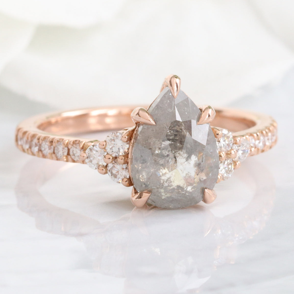 Pear Salt and Pepper Diamond Ring Rose Gold 3 Stone Grey Diamond Ring la more design jewelry