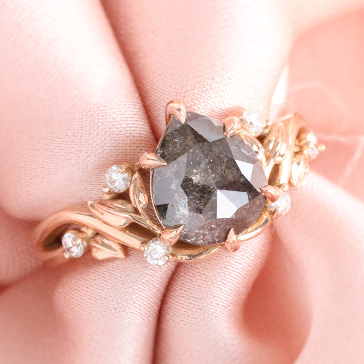 Pear Salt and Pepper Diamond Ring Rose Gold Floral Leaf Grey Diamond Ring la more design jewelry