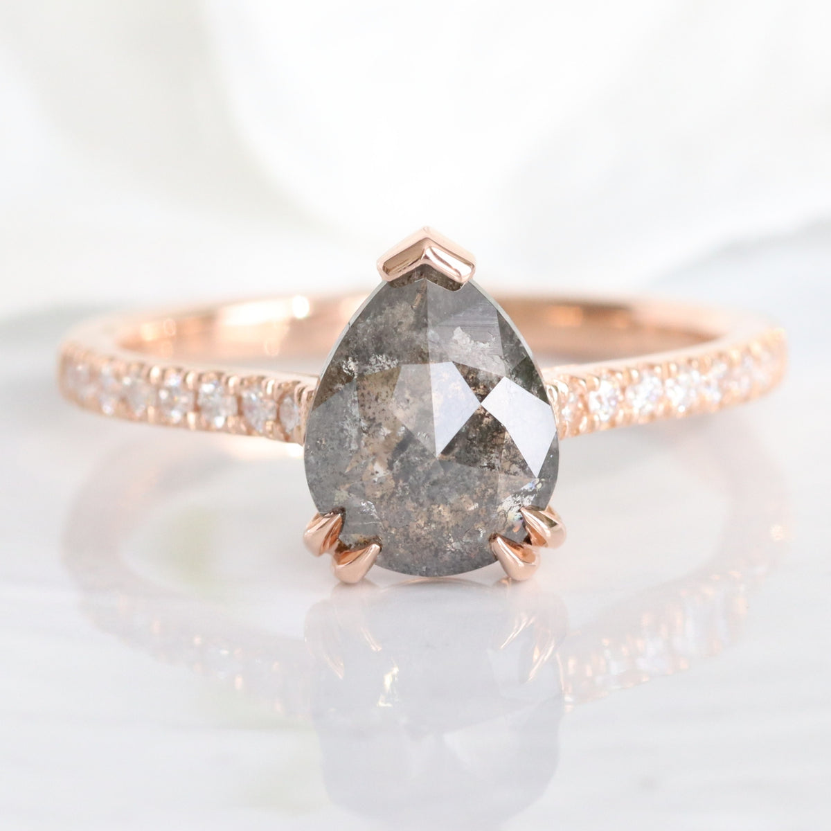 Pear Salt and Pepper Diamond Ring Rose Gold Grey Diamond Solitaire Pave Ring la more design jewelry