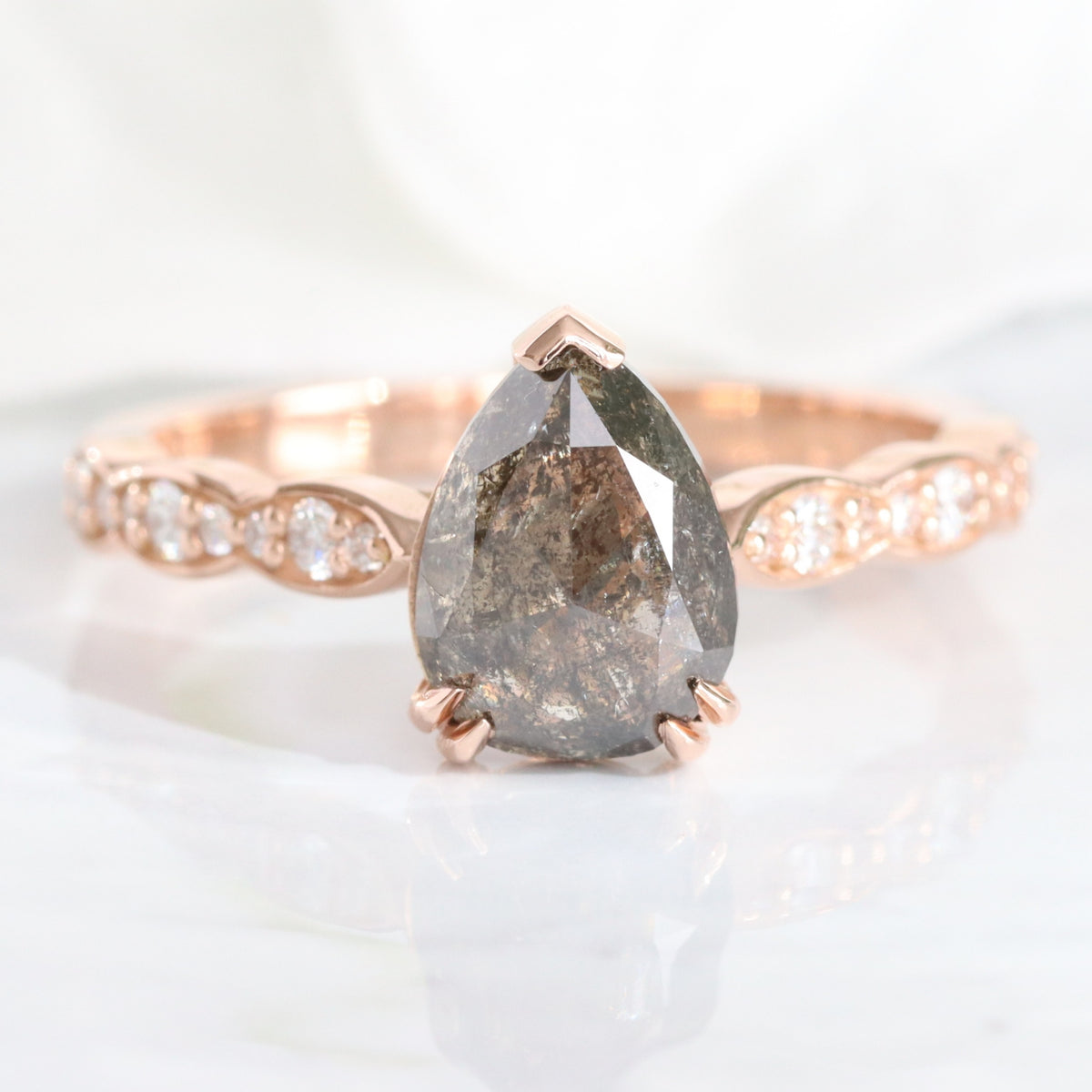 Pear Salt and Pepper Diamond Ring Rose Gold Grey Diamond Solitaire Ring la more design jewelry