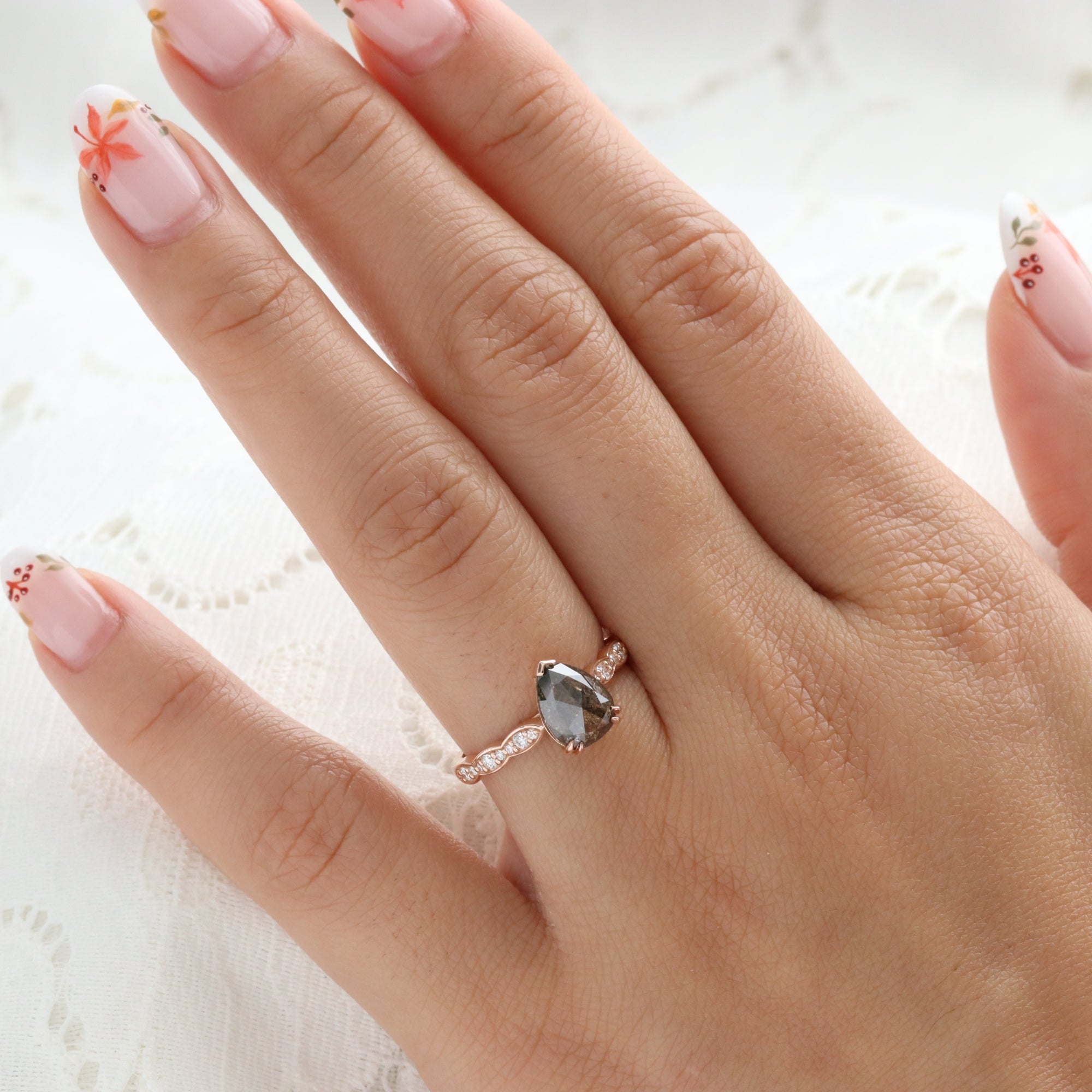 Pear Salt and Pepper Diamond Ring Rose Gold Solitaire Grey Diamond