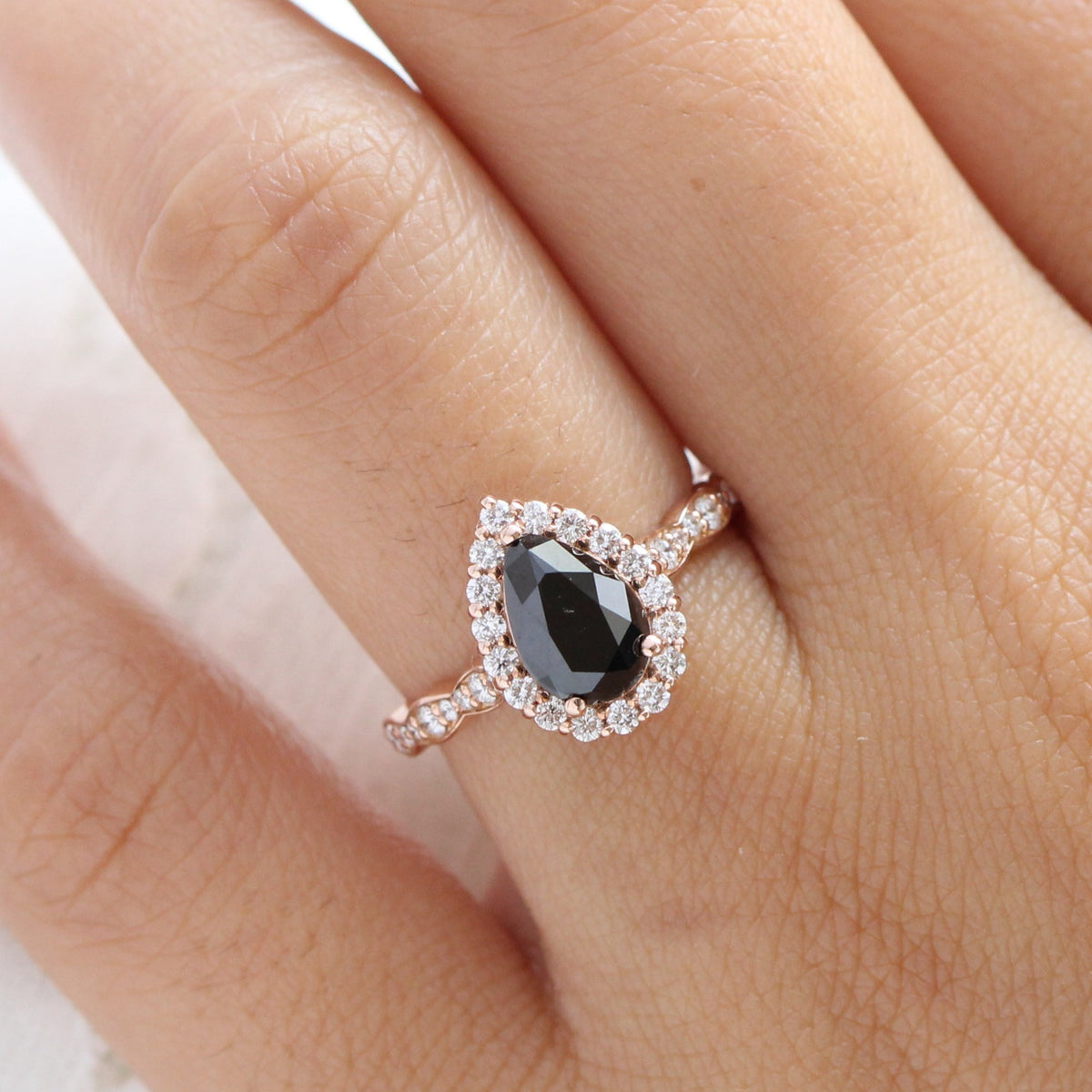 In Stock Pear Black Diamond Engagement Ring 14k Rose Gold Halo 
