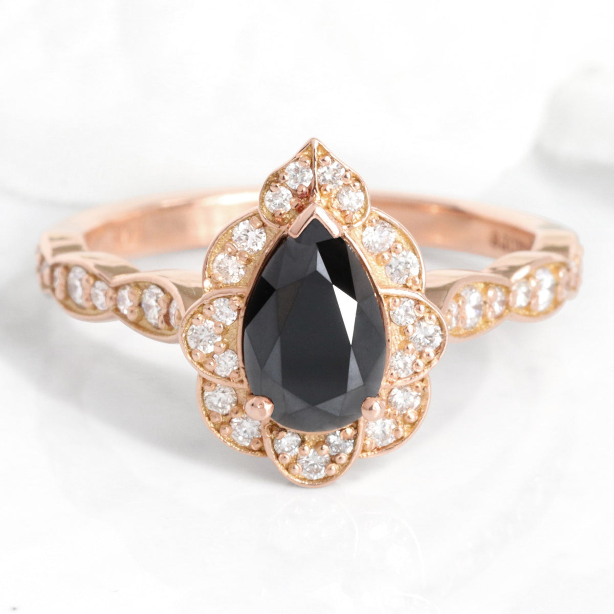 Pear black diamond engagement ring rose gold vintage halo ring la more design jewelry