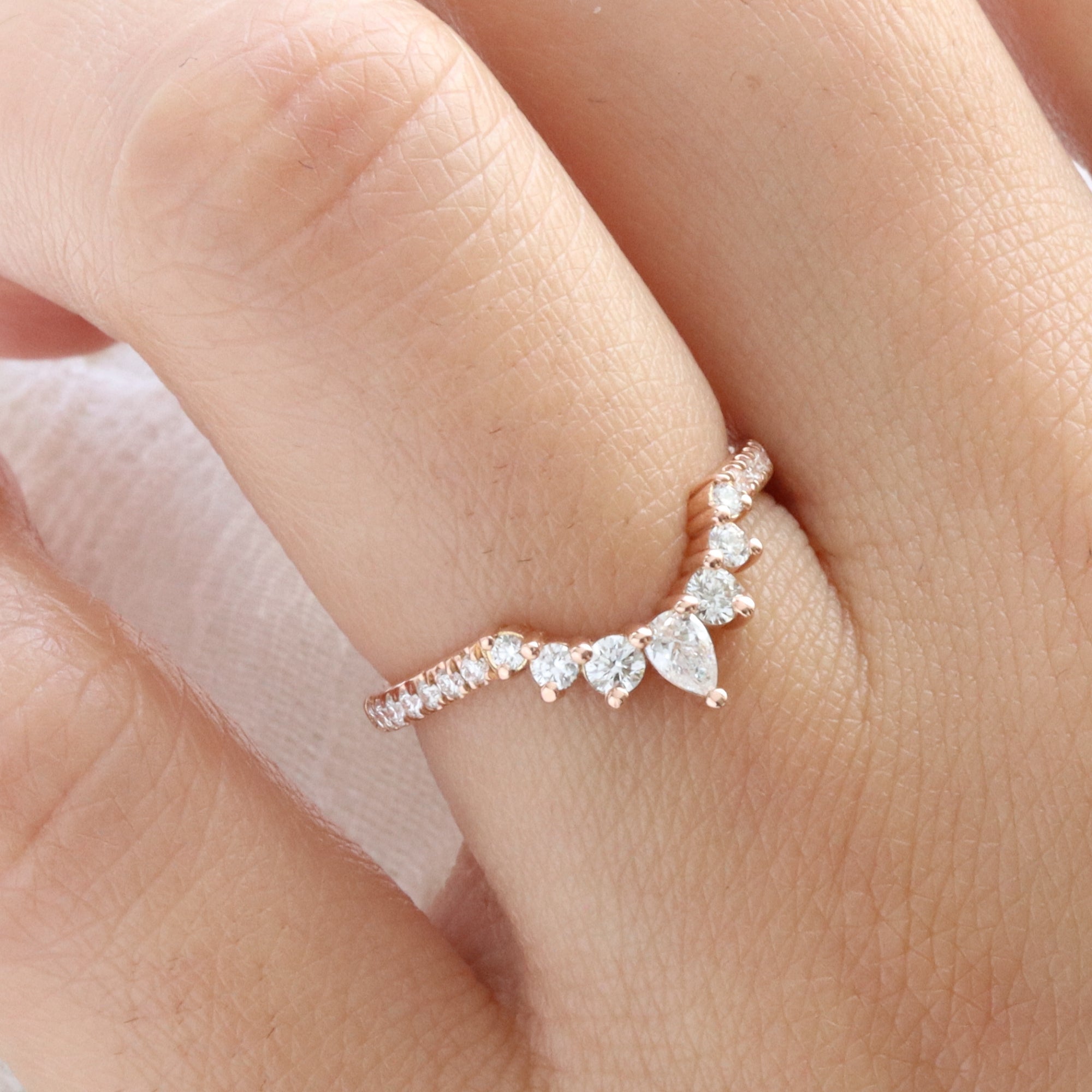 Round and Pear Diamond Wedding Ring Rose Gold Curved Pave Diamond