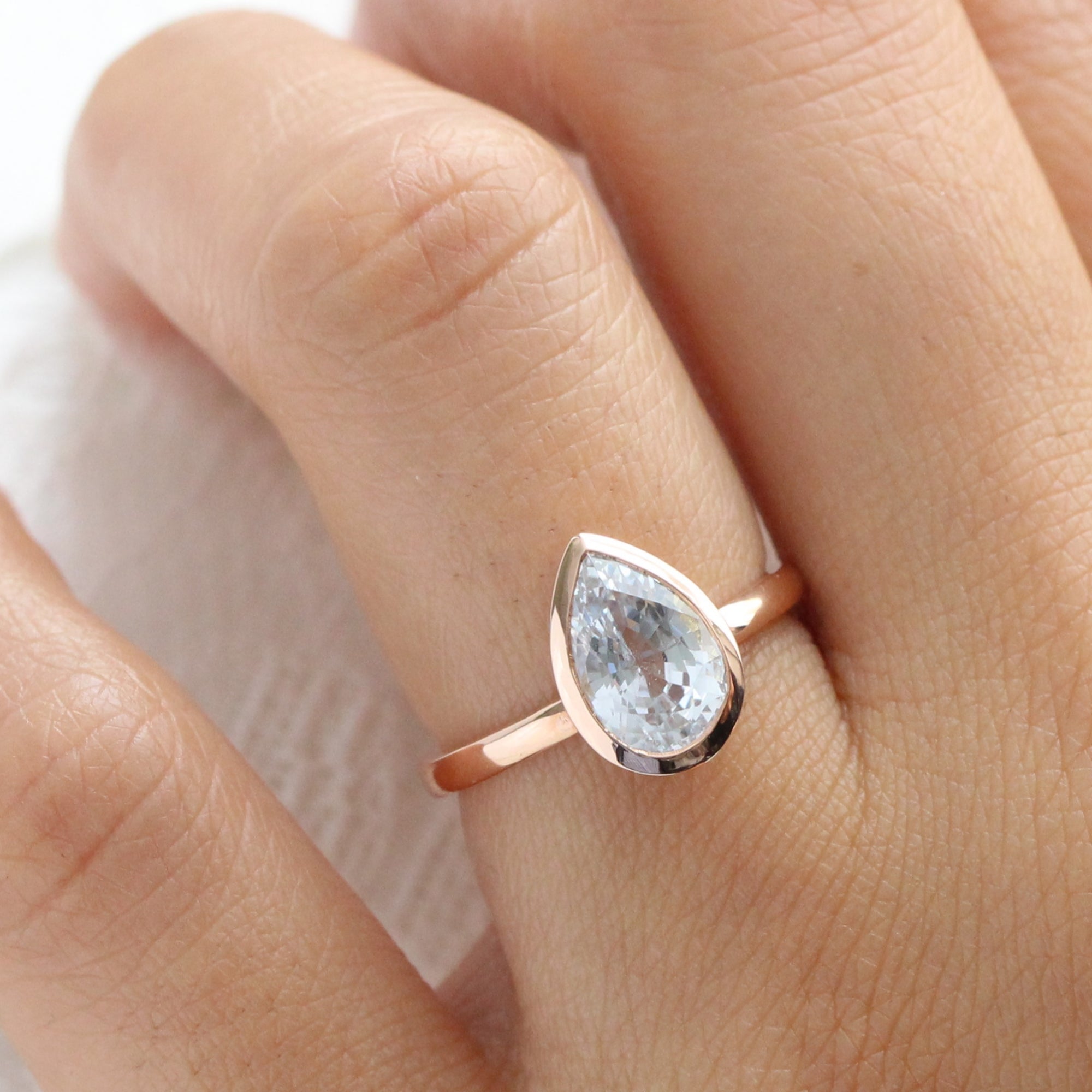 Large Pear Aqua Blue Sapphire Ring Rose Gold Solitaire Bezel Set
