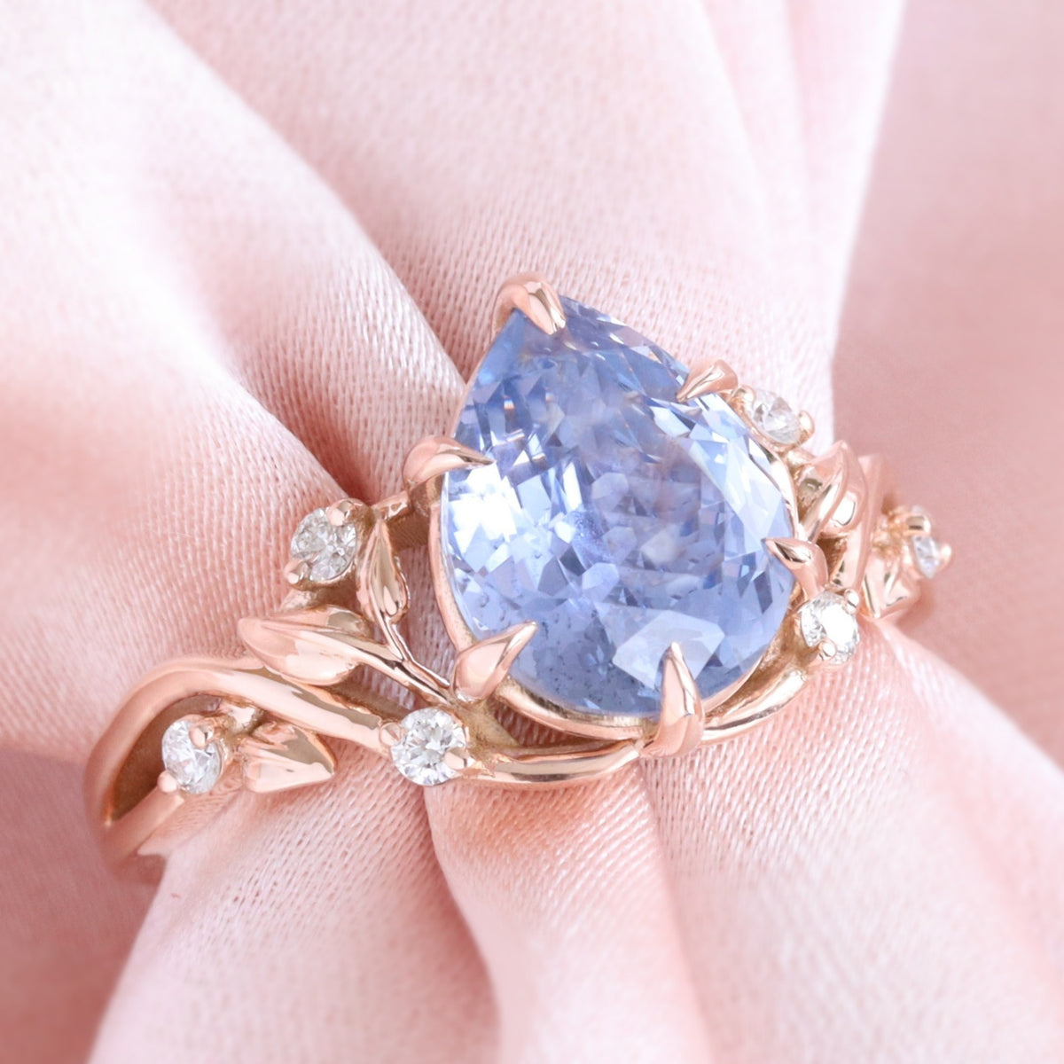 Pear lilac blue sapphire ring rose gold floral leaf diamond sapphire solitaire ring la more design jewelry