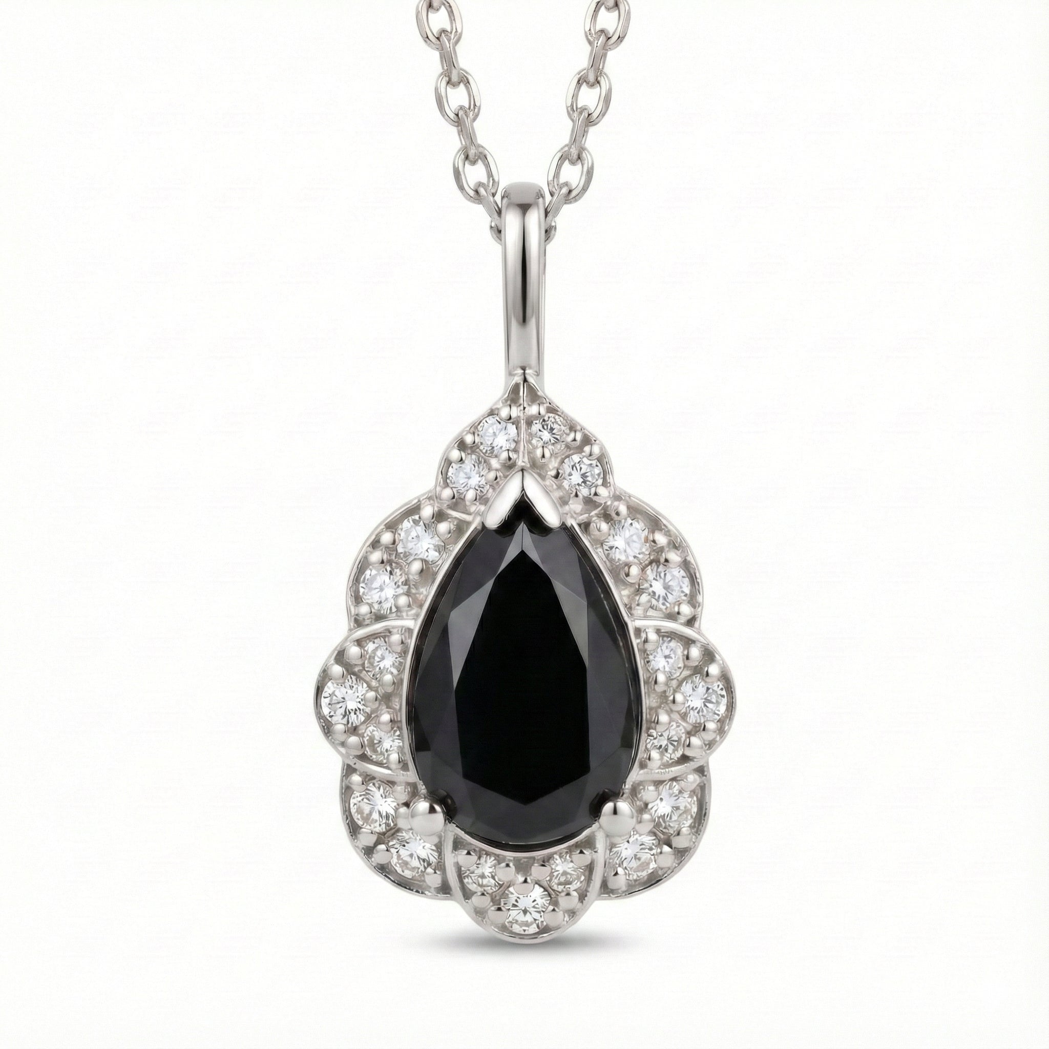 Vintage Halo Pear Black Diamond Pendant Rose Gold Drop Necklace
