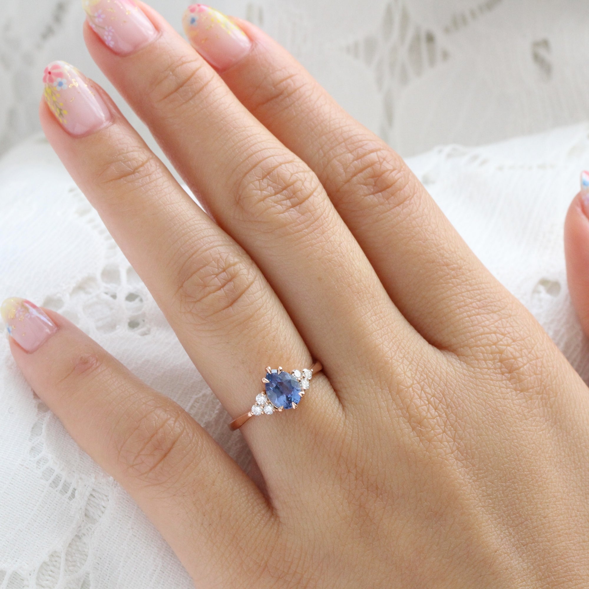 Pear Blue Sapphire Engagement Ring Rose Gold 3 Stone Diamond Ring