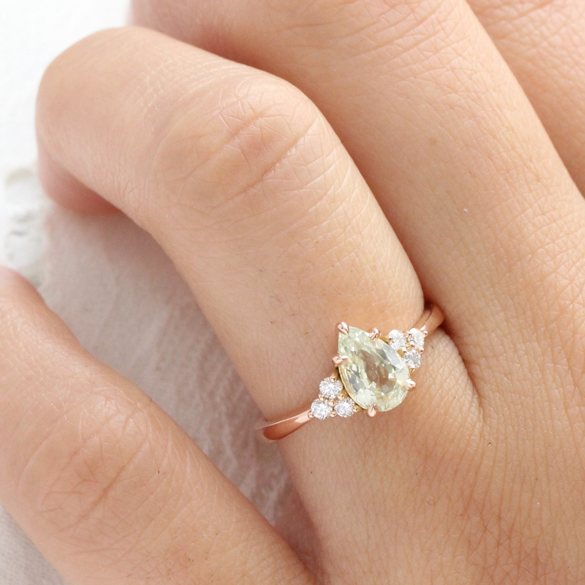 Pear Light Green Sapphire Diamond Ring Rose Gold Low Set Stone