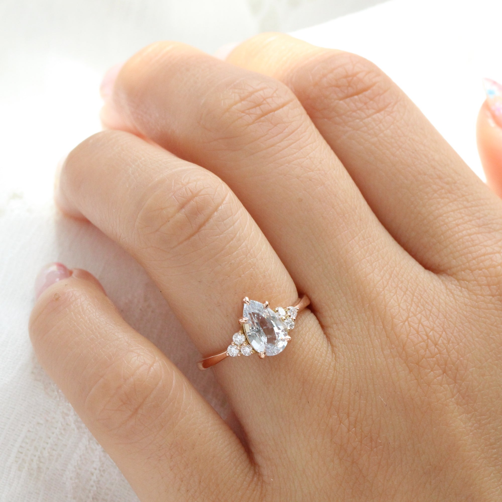 Pear White Sapphire Diamond Ring Rose Gold Low Set Stone Ring