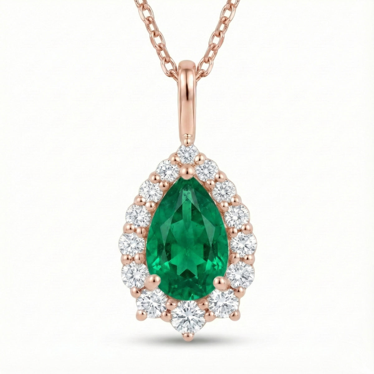 Pear emerald necklace rose gold halo diamond green emerald pendant gold chain la more design jewelry