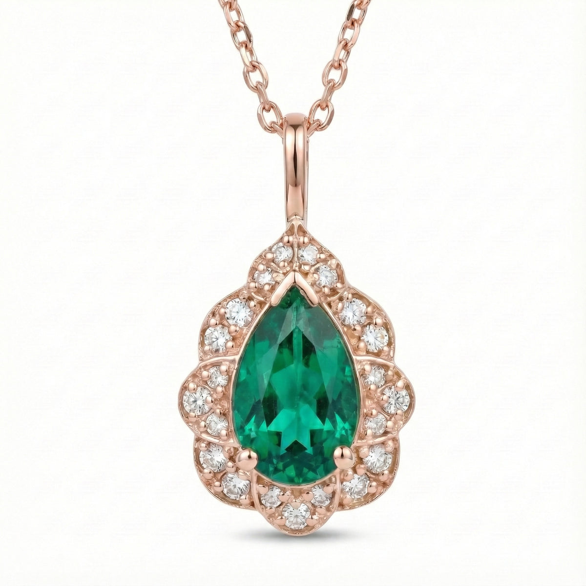 Pear emerald pendant rose gold vintage floral halo diamond emerald necklace la more design jewelry