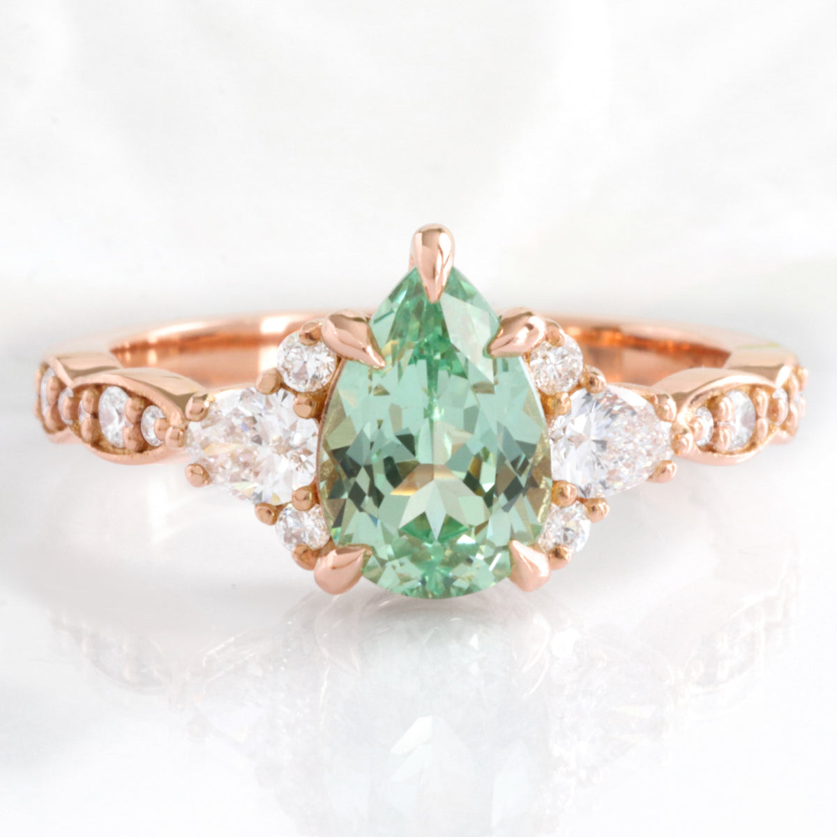 Pear green sapphire 3 stone engagement ring rose gold teal green sapphire cluster ring la more design jewelry