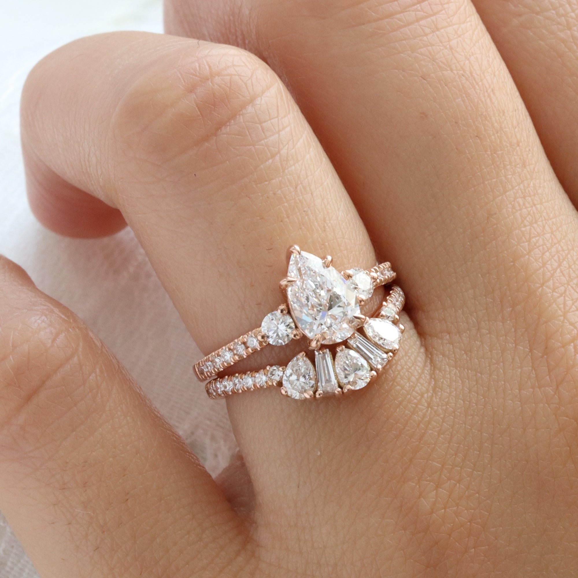 Pear lab diamond 3 stone ring bridal set rose gold curved diamond wedding band la more design jewelry