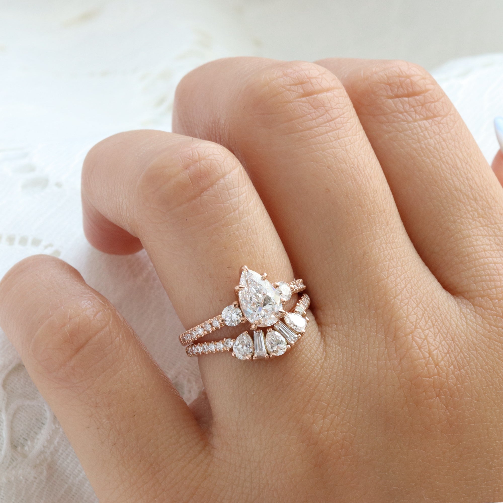 Stone Lab Diamond Ring Wedding Set Gold Three Stone Pear Bridal