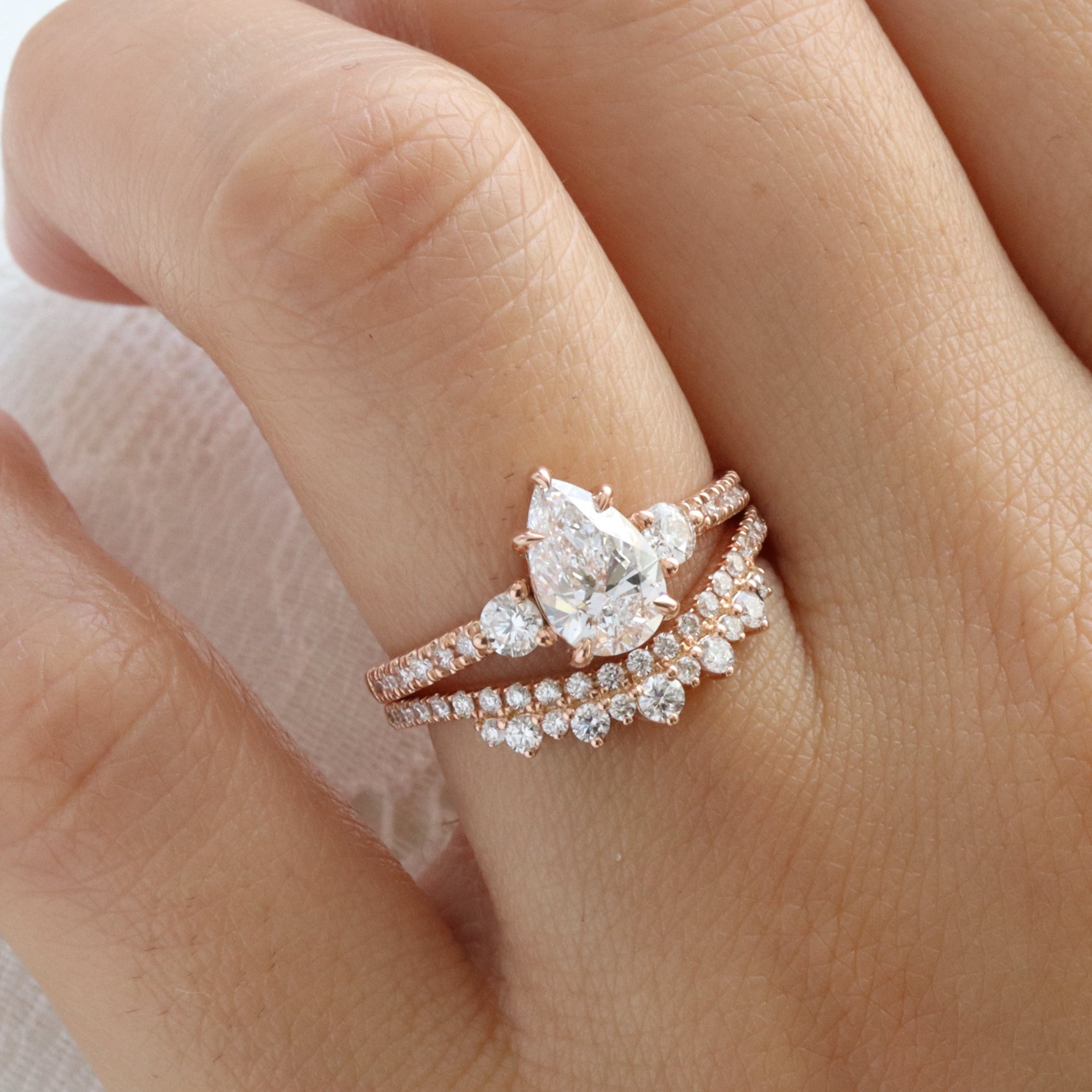 Pear lab diamond 3 stone ring bridal set rose gold curved diamond wedding band la more design jewelry