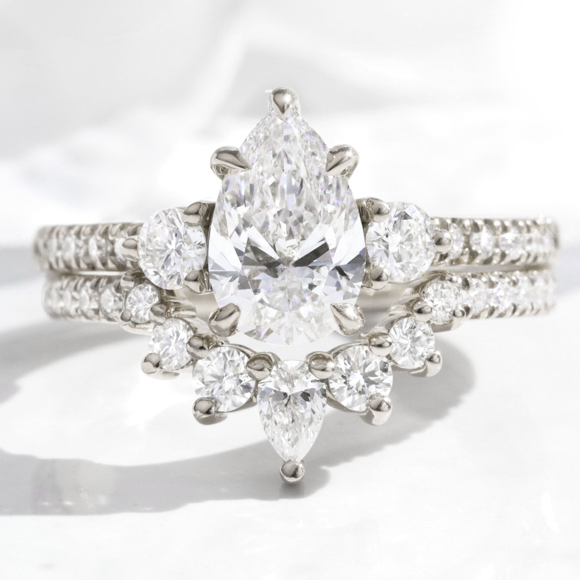 Pear lab diamond 3 stone ring bridal set white gold U shaped diamond wedding band la more design jewelry