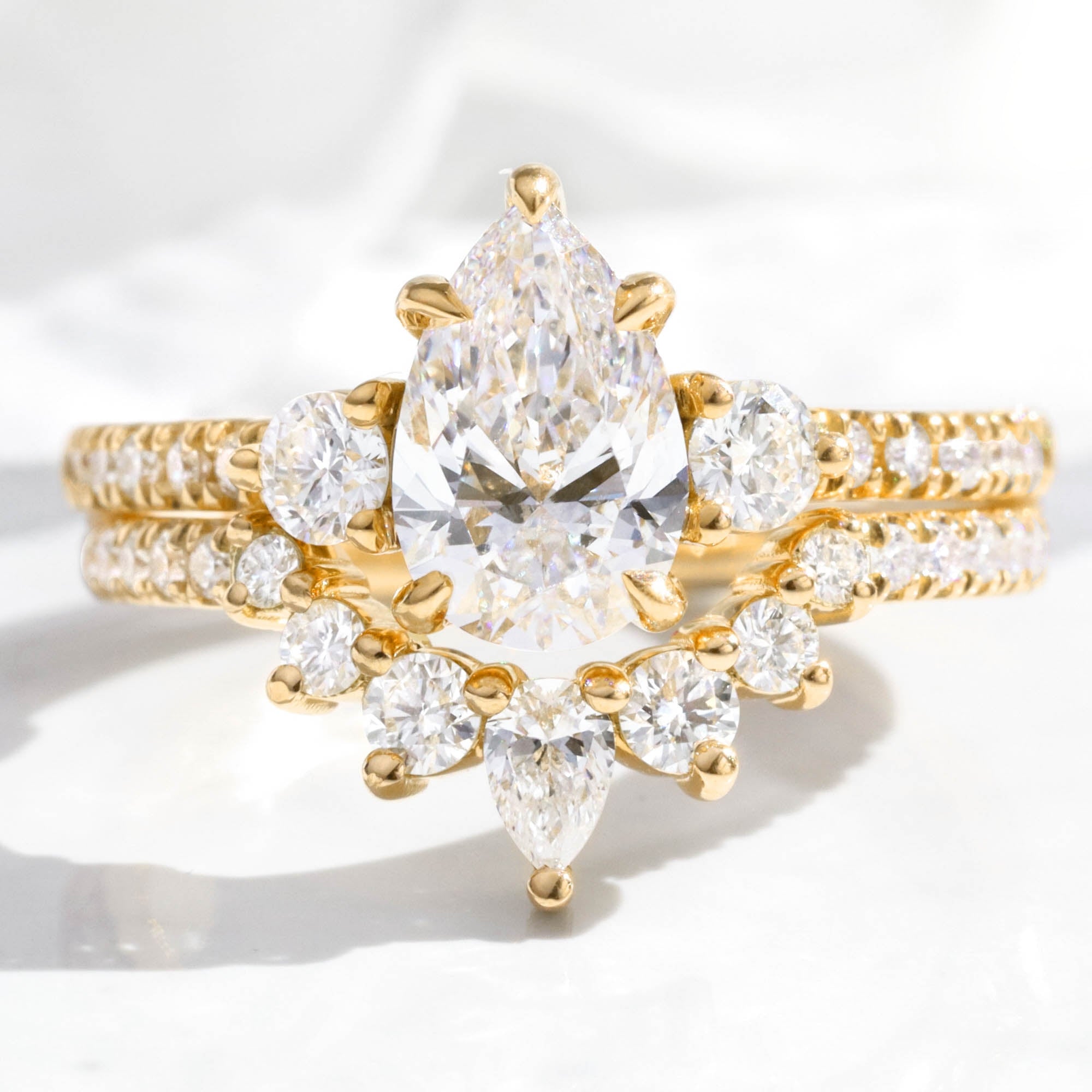 Pear lab diamond 3 stone ring bridal set yellow gold U shaped diamond wedding band la more design jewelry