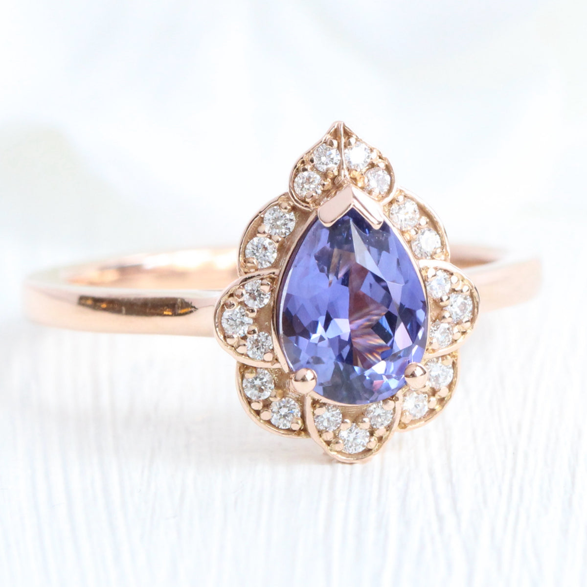 Pear lavender purple sapphire ring rose gold vintage floral sapphire diamond ring la more design jewelry