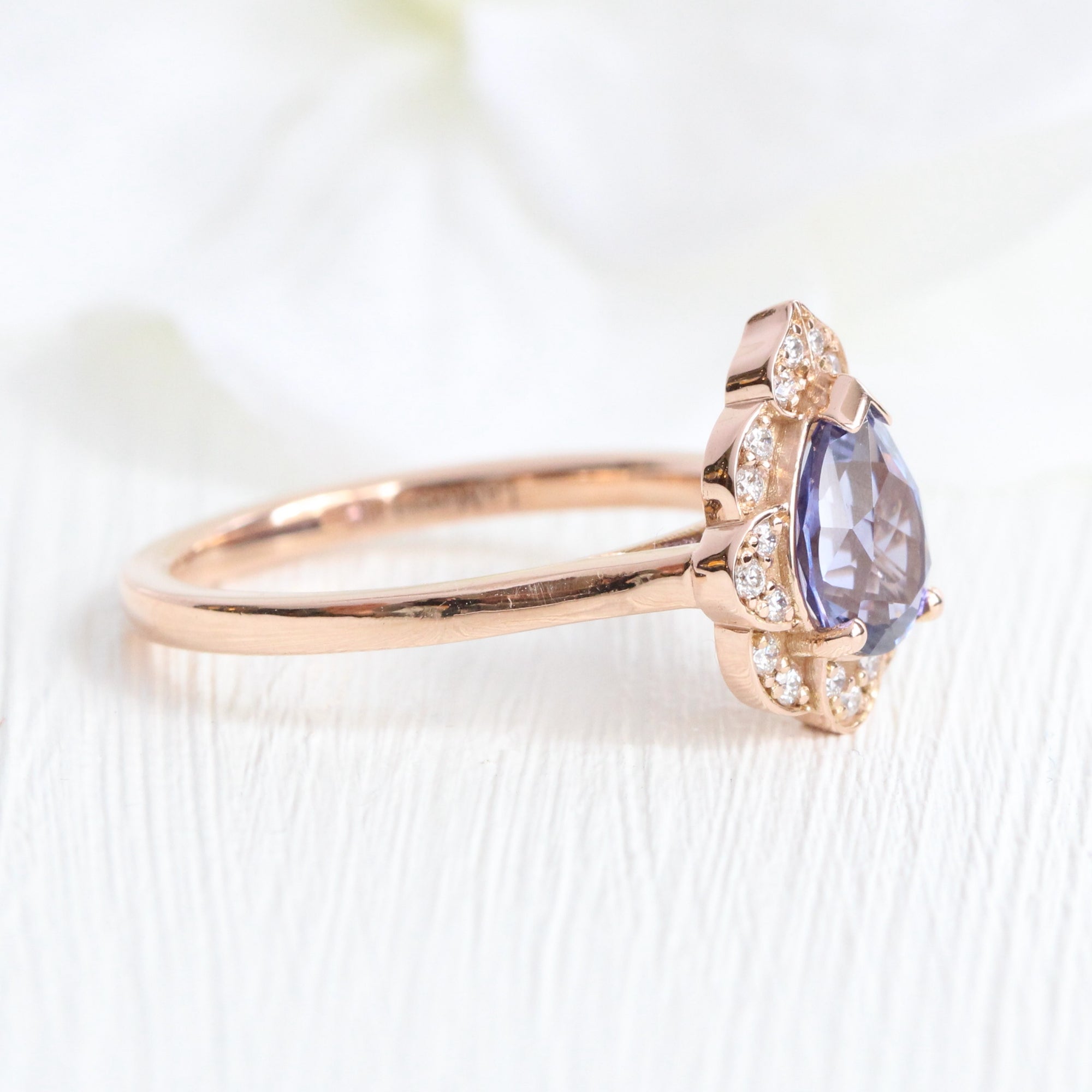Pear lavender purple sapphire ring rose gold vintage floral sapphire diamond ring la more design jewelry