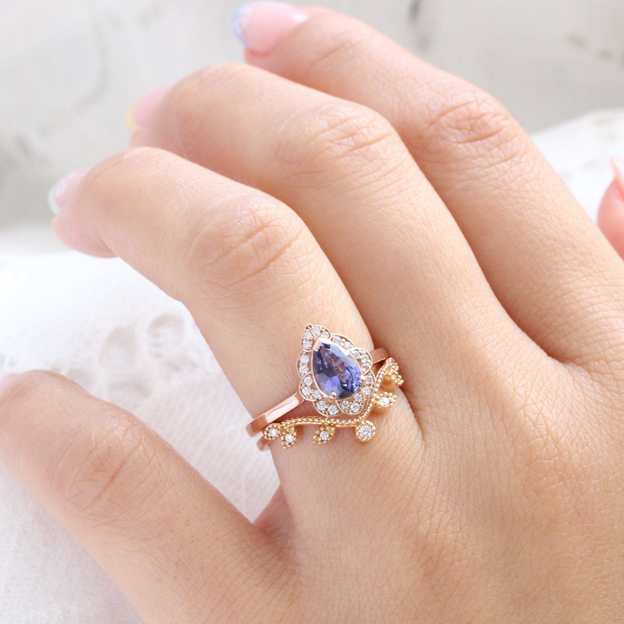 Pear lavender purple sapphire ring rose gold vintage floral sapphire diamond ring la more design jewelry