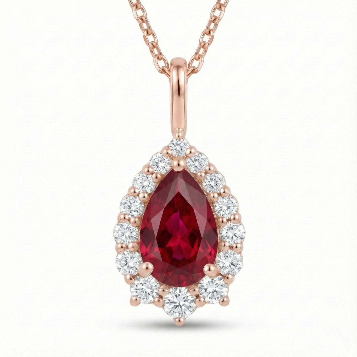 Pear ruby necklace rose gold halo diamond red ruby pendant gold chain la more design jewelry
