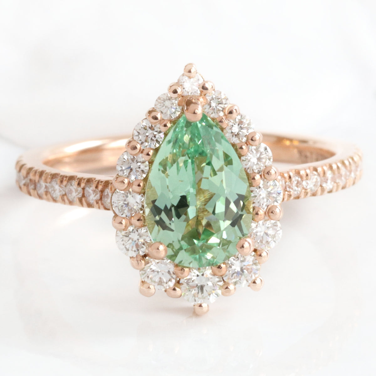 Pear seafoam green sapphire engagement ring rose gold halo diamond sapphire ring la more design jewelry