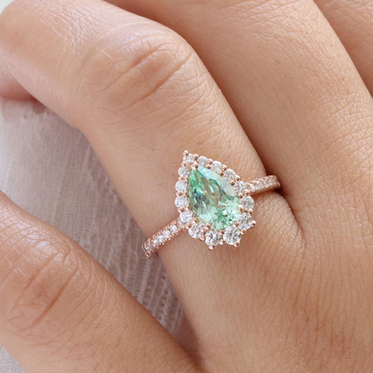 Pear seafoam green sapphire engagement ring rose gold halo diamond sapphire ring la more design jewelry