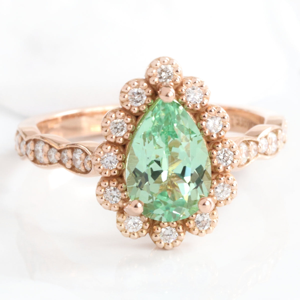 Pear seafoam green sapphire engagement ring rose gold vintage halo diamond sapphire ring la more design jewelry
