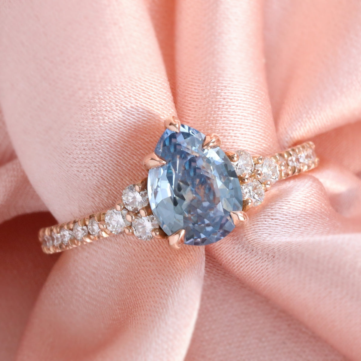 Pear teal blue sapphire ring rose gold 3 stone diamond ring la more design jewelry