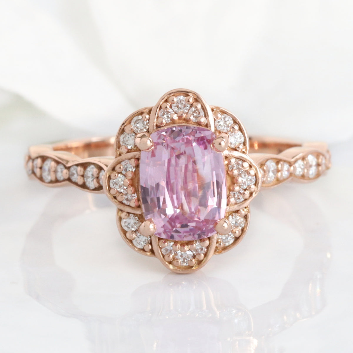 Pink sapphire ring rose gold vintage floral oval rosy pink sapphire diamond engagement ring la more design jewelry