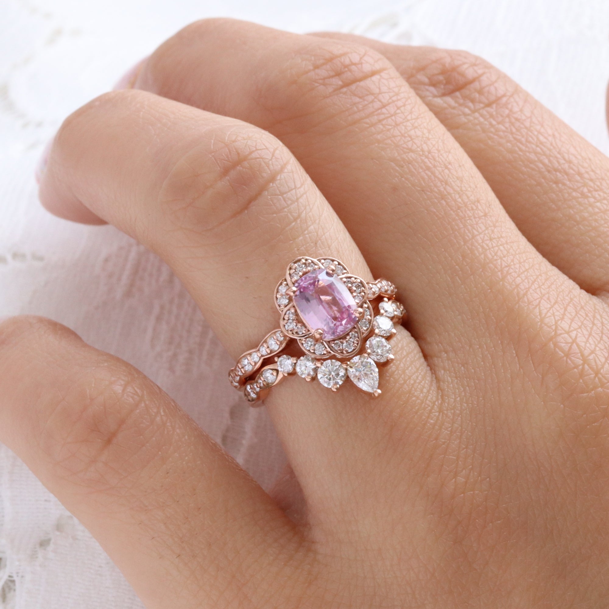 Vintage Floral Pink Sapphire Diamond Engagement Ring 14k Rose Gold