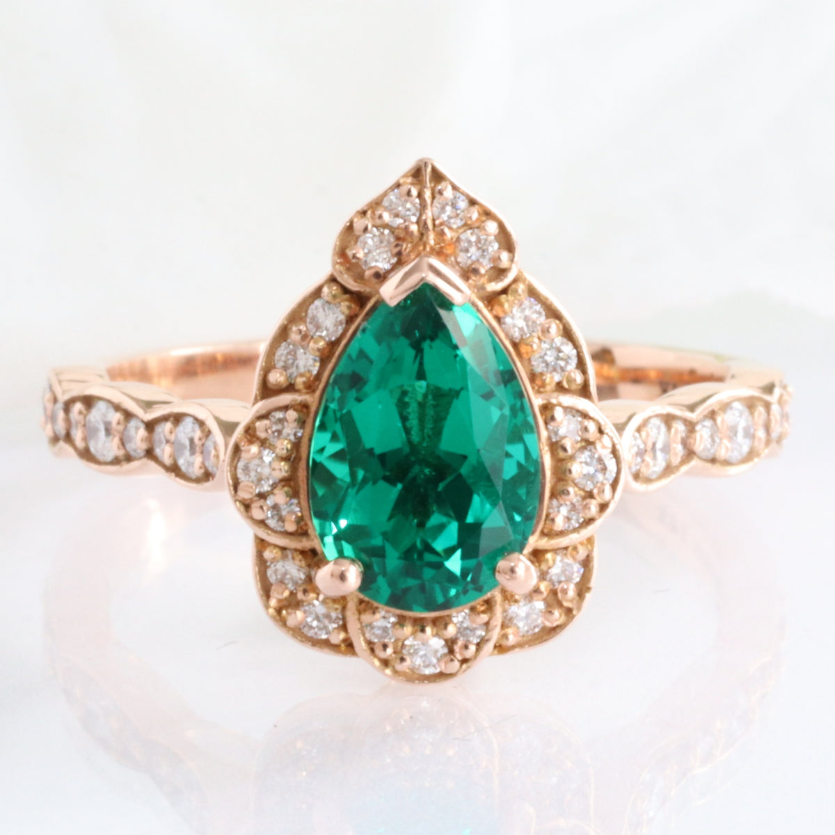 Large pear emerald engagement ring rose gold vintage halo diamond emerald ring la more design jewelry