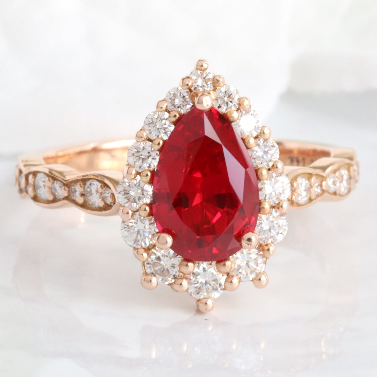 Large pear ruby engagement ring rose gold halo diamond ruby ring la more design jewelry