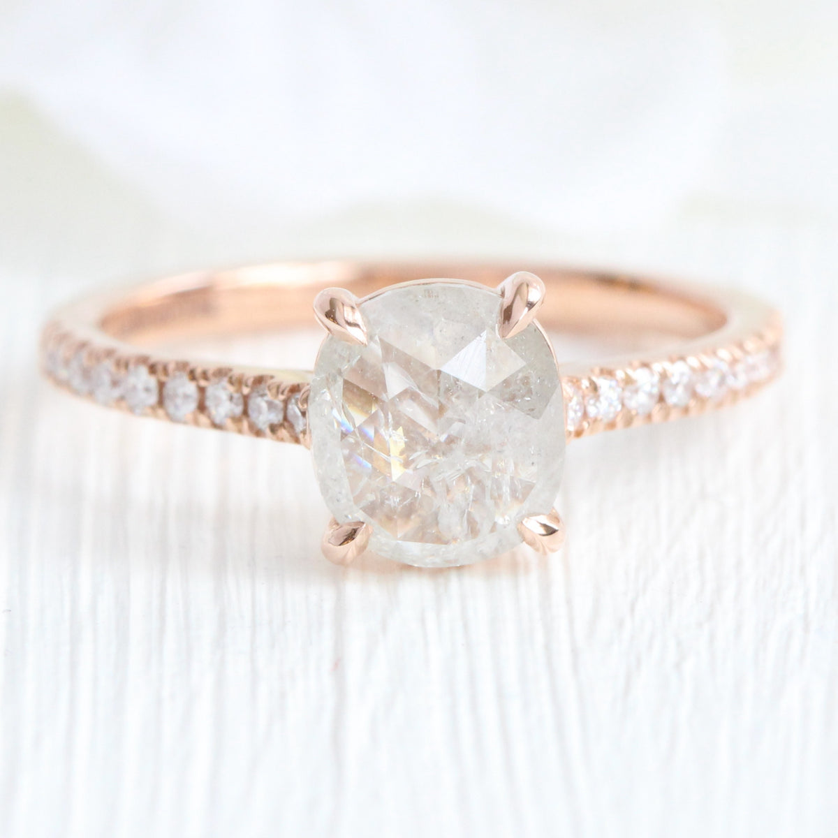 Rose cut cushion salt and pepper diamond ring rose gold solitaire grey diamond pave band la more design jewelry