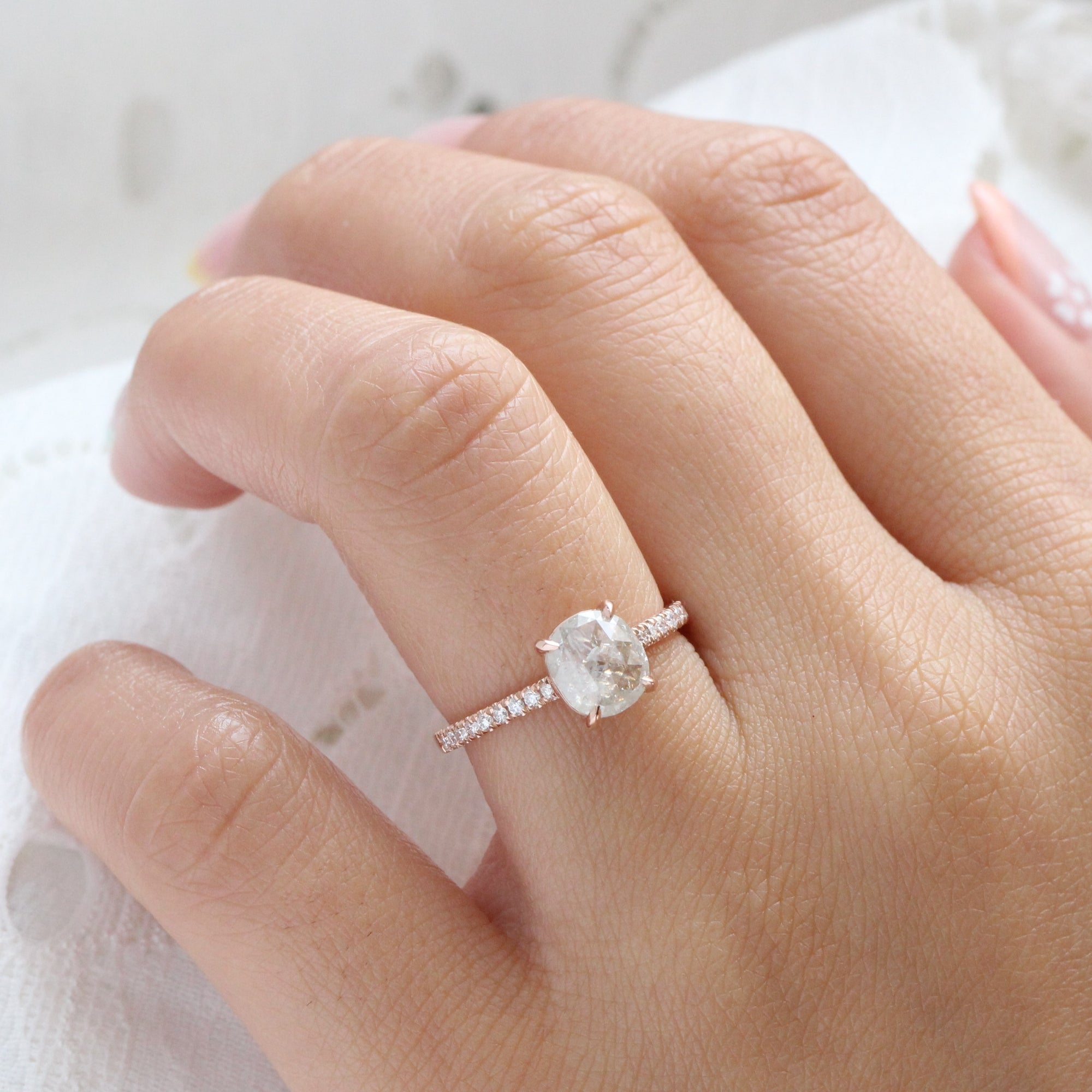 Icy White Salt and Pepper Diamond Ring Rose Gold Cushion Solitaire