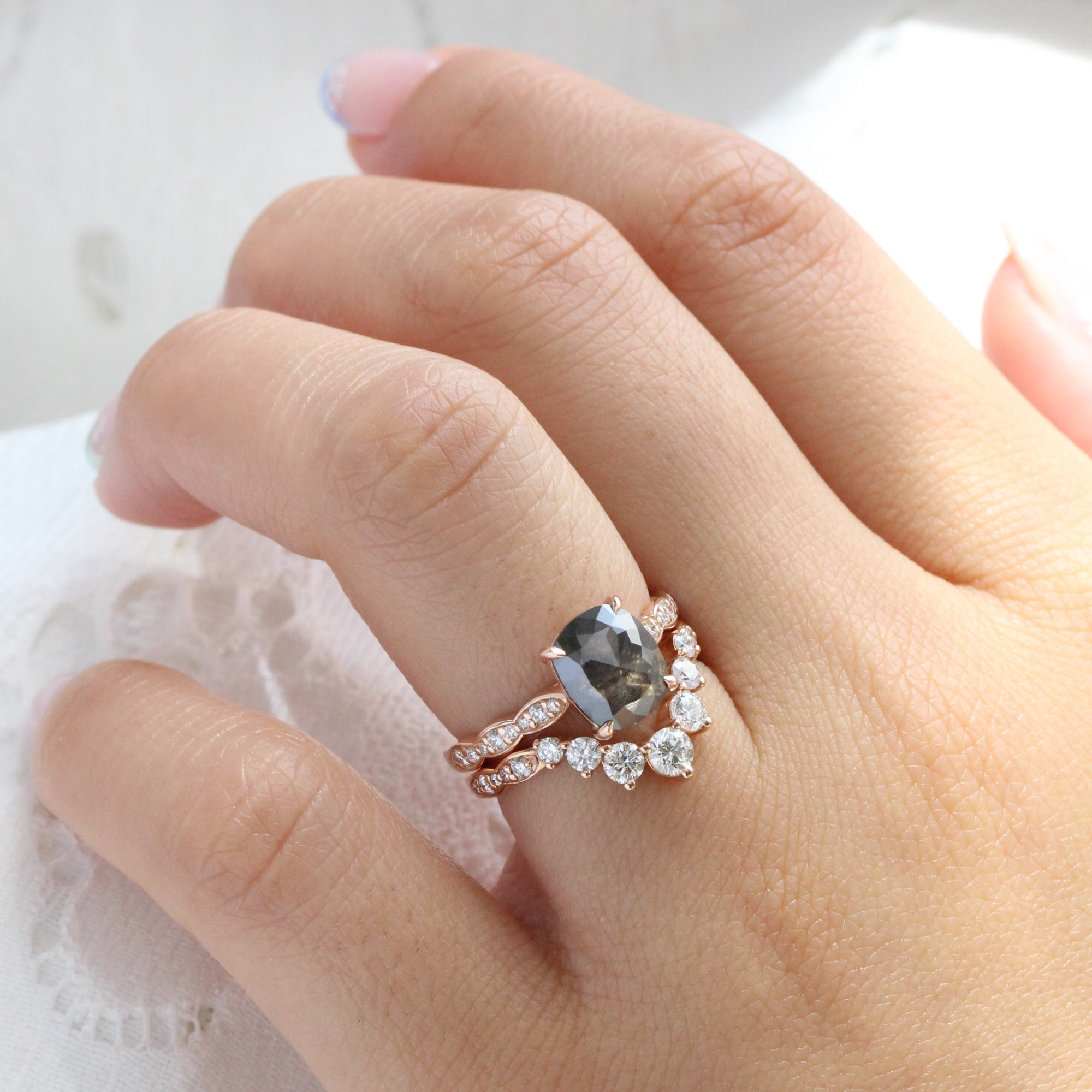 Rose cut cushion salt and pepper diamond ring rose gold solitaire grey diamond scalloped band la more design jewelry