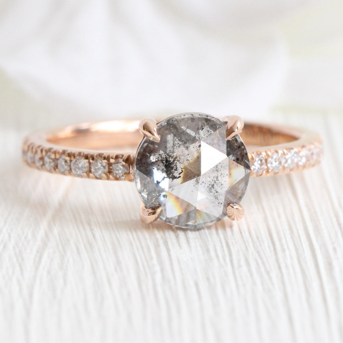 Rose cut salt and pepper diamond ring rose gold solitaire grey diamond pave ring la more design jewelry