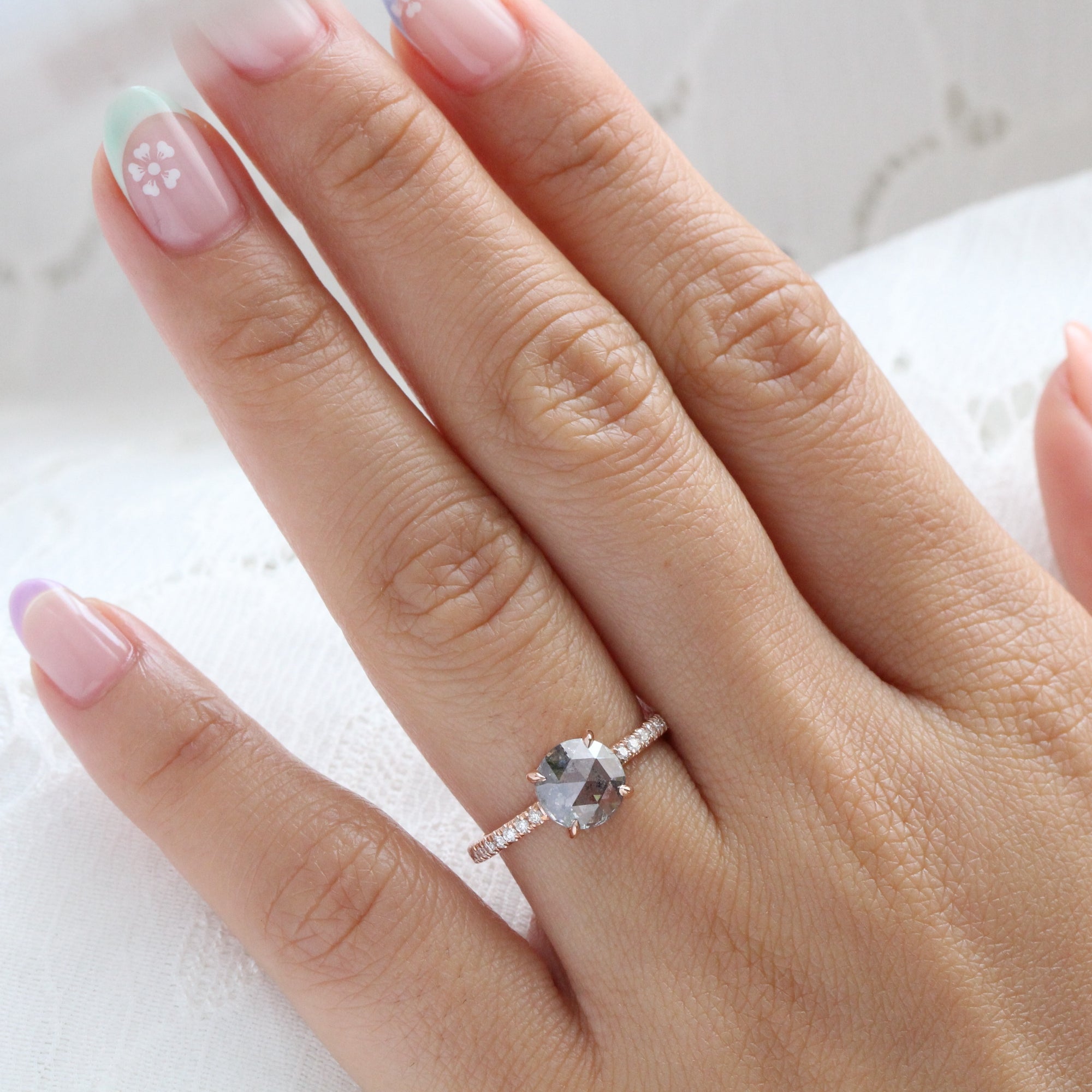 Natural Rose Cut Salt and Pepper Diamond Ring Gold Solitaire Pave