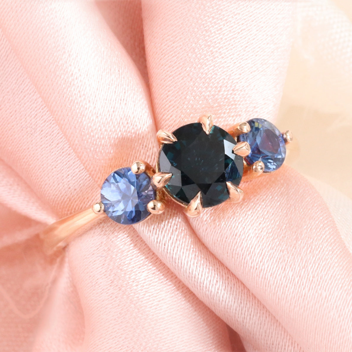 Round Blue Sapphire Engagement Ring in Rose Gold 3 Stone Ring by La More Design Jewelry