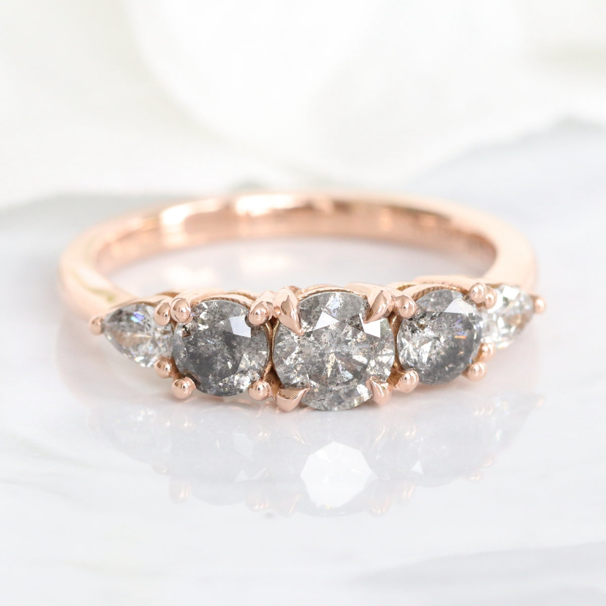 Round and Pear Salt and Pepper Diamond Ring Rose Gold Grey Diamond Cluster Ring la more design jewelry